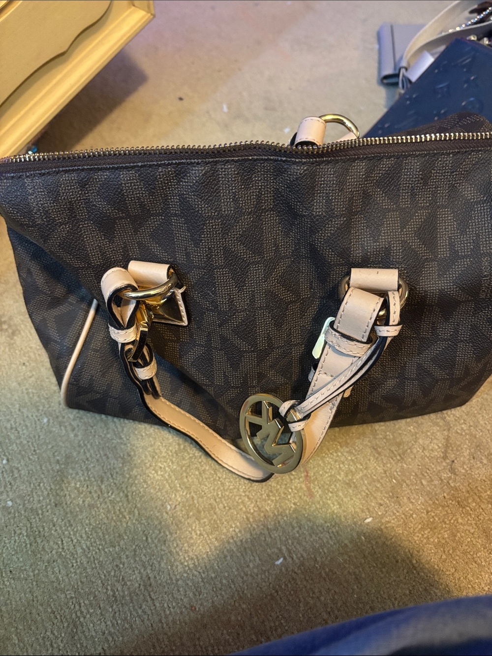 Michael Kors Dark Brown Logo Shoulder Tote with Cream Trim